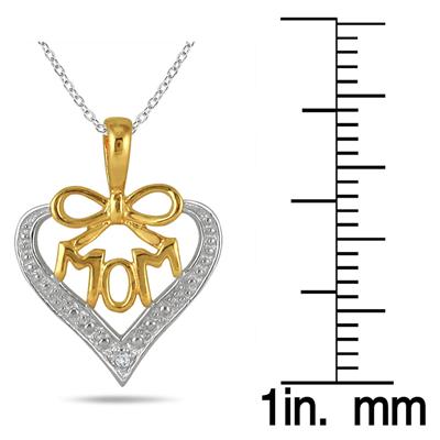18K Gold Plated Diamond Mom Heart Pendant in .925 Sterling Silver