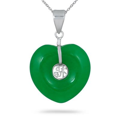 20mm Heart Shape All Natural Green Jade Pendant in .925 Sterling Silver