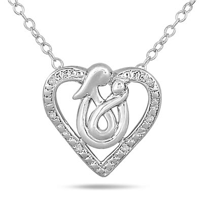 Mother and Baby Diamond Heart Pendant in .925 Sterling Silver