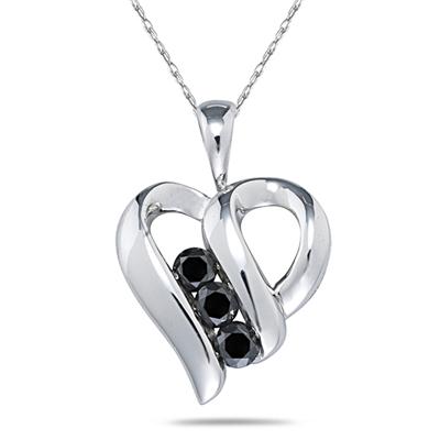 3 Stone Black Diamond Heart Pendant in White Gold