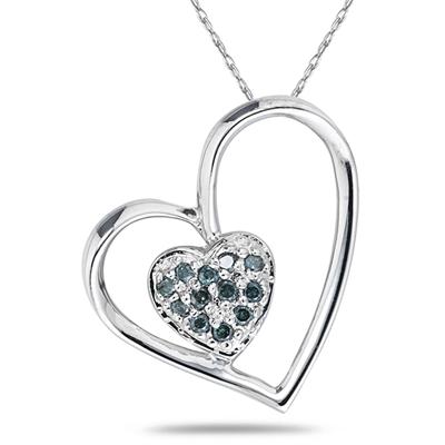 Blue Diamond Double Heart Pendant in 10K White Gold