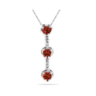 .60ctw Three Garnet Hearts and Diamonds Drop Pendant in White Gold