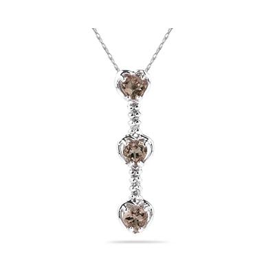 .60ctw Three Smokey Quartz Hearts and Diamonds Drop Pendant in White Gold