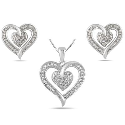 Antique Diamond Heart Pendant and Earring Set in .925 Sterling Silver