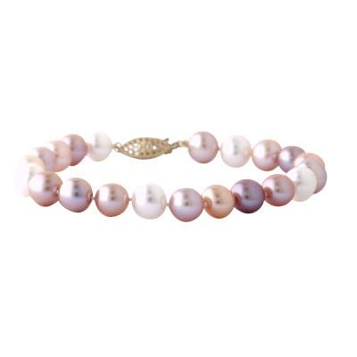 Natural Multi-Color Freshwater Round Cultured Pearl Bracelet in 14k Yellow Gold