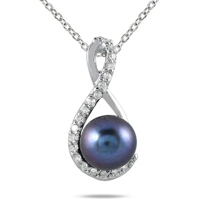 1/10 Carat Natural Freshwater Black Cultured Pearl and Diamond Pendant in 10K White Gold