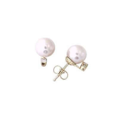 8 - 8.5mm Cultured Round Pearl and .10ct Diamond Stud Earrings 14K Gold
