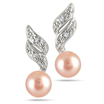 5-5.5mm Pink Cultured Pearl and Diamond Earrings in .925 Sterling Silver