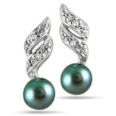 5-5.5 mm Freshwater Black Cultured Pearl and Diamond Earrings in .925 Sterling Silver