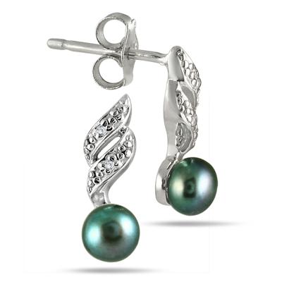 5-5.5 mm Freshwater Black Cultured Pearl and Diamond Earrings in .925 Sterling Silver