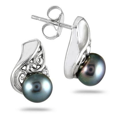 5mm Freshwater Black Cultured Pearl and Diamond Earrings in .925 Sterling Silver