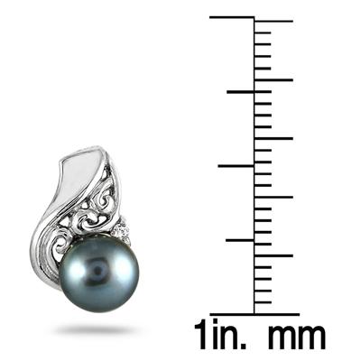 5mm Freshwater Black Cultured Pearl and Diamond Earrings in .925 Sterling Silver