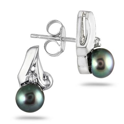 5mm Freshwater Black Cultured Pearl and Diamond Earrings in .925 Sterling Silver