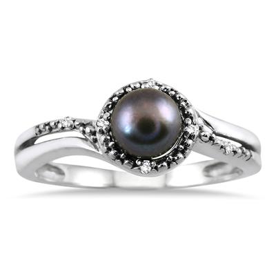 6mm All Natural Freshwater Black Cultured Pearl and Diamond Ring in .925 Sterling Silver