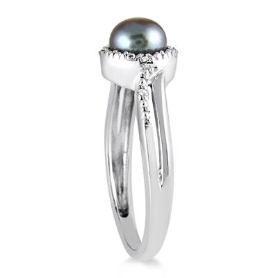 6mm All Natural Freshwater Black Cultured Pearl and Diamond Ring in .925 Sterling Silver