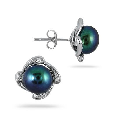 8-8.5 mm Freshwater Black Cultured Pearl and Diamond Earrings in .925 Sterling Silver