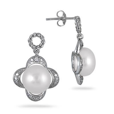 10-10.5mm Freshwater White Cultured Pearl and Diamond Earrings in .925 Sterling Silver