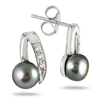 4.5-5mm Freshwater Black Cultured Pearl and Diamond Earrings in .925 Sterling Silver