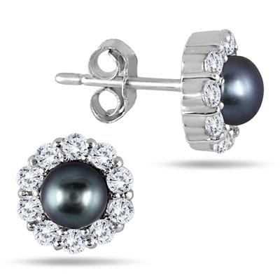 5mm Freshwater Black Cultured Pearl and Genuine White Topaz Earrings in .925 Sterling Silver