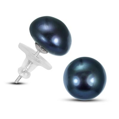 11mm Freshwater Black Cultured Button Pearl Earrings with Silicon Backs 