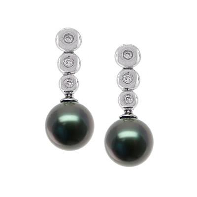 Natural Black Tahitian Round Pearl & Diamond Earrings in 14kt White Gold