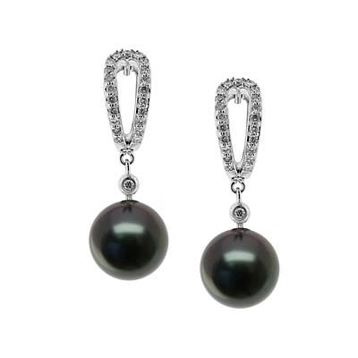 Natural Black Tahitian Round Pearl & Diamond Earrings in 14kt White Gold