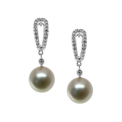 Natural Fresh Water Round Pearl & Diamond Earrings in 14kt White Gold