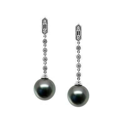 Natural Black Tahitian Drop Pearl & Diamond Earrings in 18kt White Gold