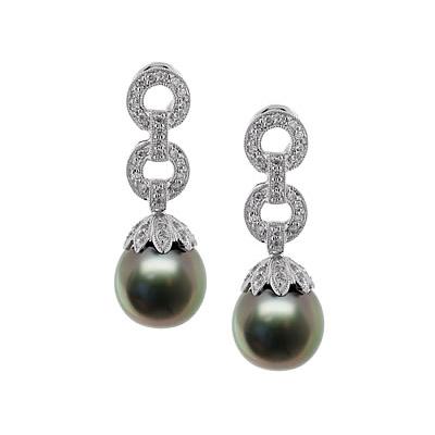 Natural Black Tahitian Drop Pearl & Diamond Earrings in 18kt White Gold
