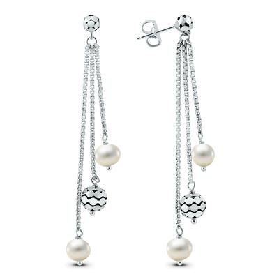 Freshwater Cultured Pearl and Metal Ball Dangling Earrings in .925 Sterling Silver