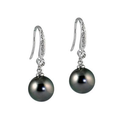 Natural Tahitian Round Pearl & Diamond Drop Earrings in 14K White Gold