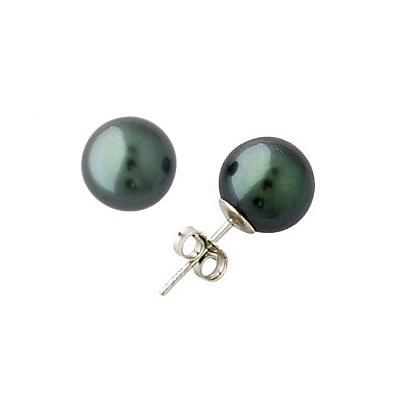 Natural Tahitian Round Pearl Stud Earrings in 14K White Gold