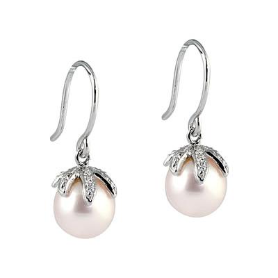 Natural Freshwater Round Pink Pearl & Diamond Drop Earrings in 14K White Gold