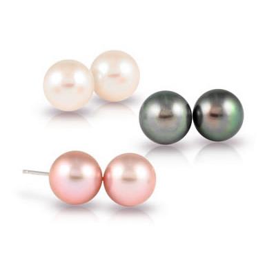 7-7.5mm Natural Freshwater Pink, White and Black Pearl Earring Set in 14k Gold
