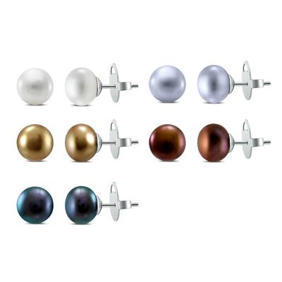 Multi Colored Natural Freshwater Cultured Pearl Stud Earrings in .925 Sterling Silver -5 Piece Gift Box Set 