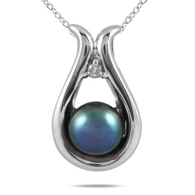 All Natural Freshwater Black Cultured Pearl and Diamond Pendant in .925 Sterling Silver
