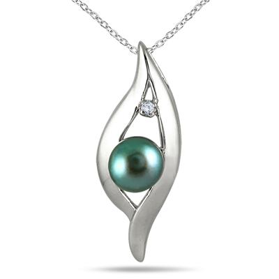 6.5MM Natural Freshwater Cultured Pearl and Diamond Pendant in .925 Sterling Silver