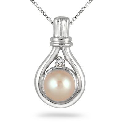 7MM Natural Freshwater Pink Cultured Pearl and Diamond Pendant in .925 Sterling Silver