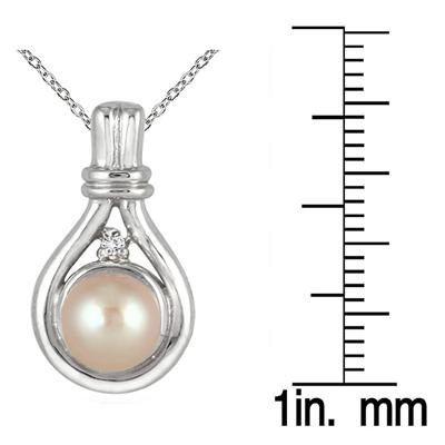 7MM Natural Freshwater Pink Cultured Pearl and Diamond Pendant in .925 Sterling Silver