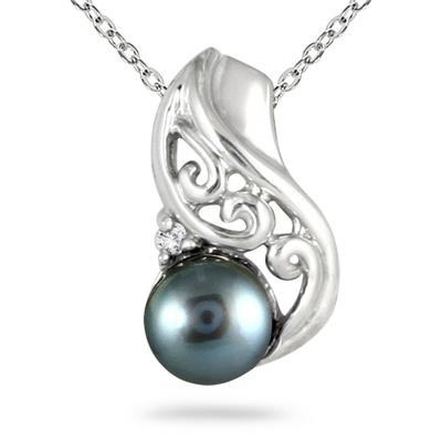 7mm Freshwater Black Cultured Pearl and Diamond Engraved Pendant in .925 Sterling Silver