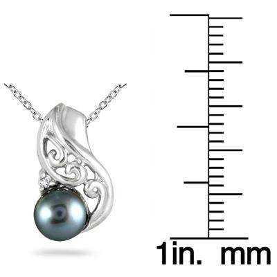 7mm Freshwater Black Cultured Pearl and Diamond Engraved Pendant in .925 Sterling Silver