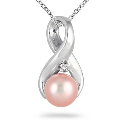 6.5MM Natural Pink Cultured Pearl and Diamond Pendant in .925 Sterling Silver