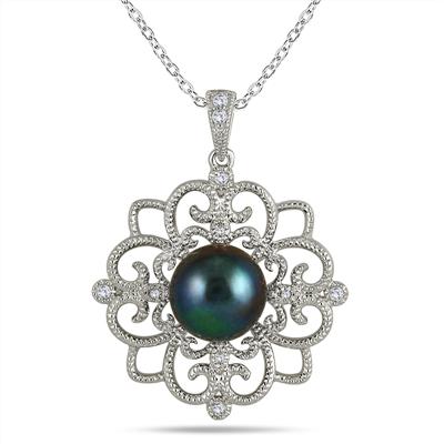 10mm Freshwater Black Cultured Pearl and Topaz Snowflake Pendant in .925 Sterling Silver