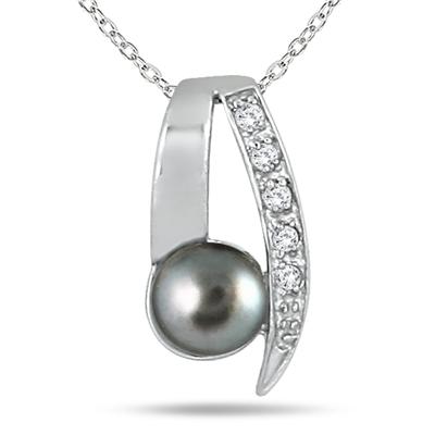 6-6.5mm Natural Freshwater Black Cultured Pearl and Diamond Pendant in .925 Sterling Silver