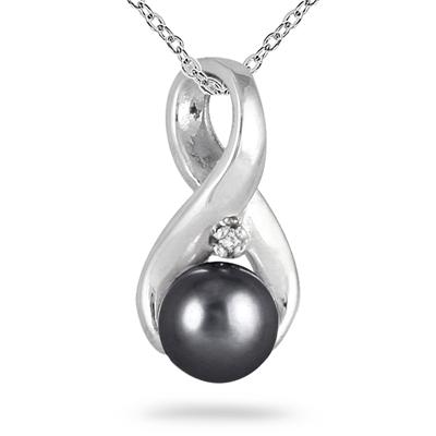 6.5MM Natural Black Cultured Pearl and Diamond Pendant in .925 Sterling Silver