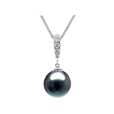 Natural Black Tahitian Drop Pearl & Diamond Pendant in 14kt White Gold