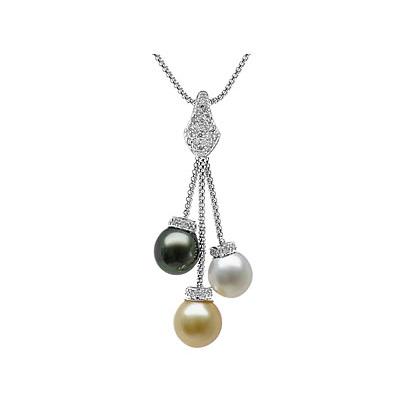 Natural South Sea, Golden South Sea and Black Tahitian Drop Pearl & Diamond Pendant (18kt White Gold)