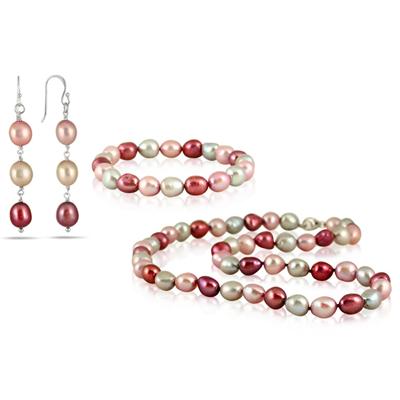 7-8MM All Natural Freshwater Multi Colored Baroque Cultured Pearl Jewelry Set in .925 Sterling Silver