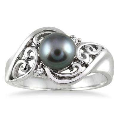 7mm Freshwater Black Cultured Pearl and Diamond Engraved Ring in .925 Sterling Silver