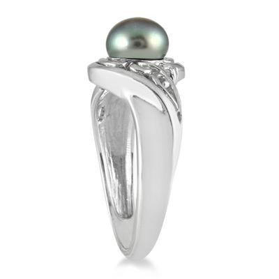 7mm Freshwater Black Cultured Pearl and Diamond Engraved Ring in .925 Sterling Silver